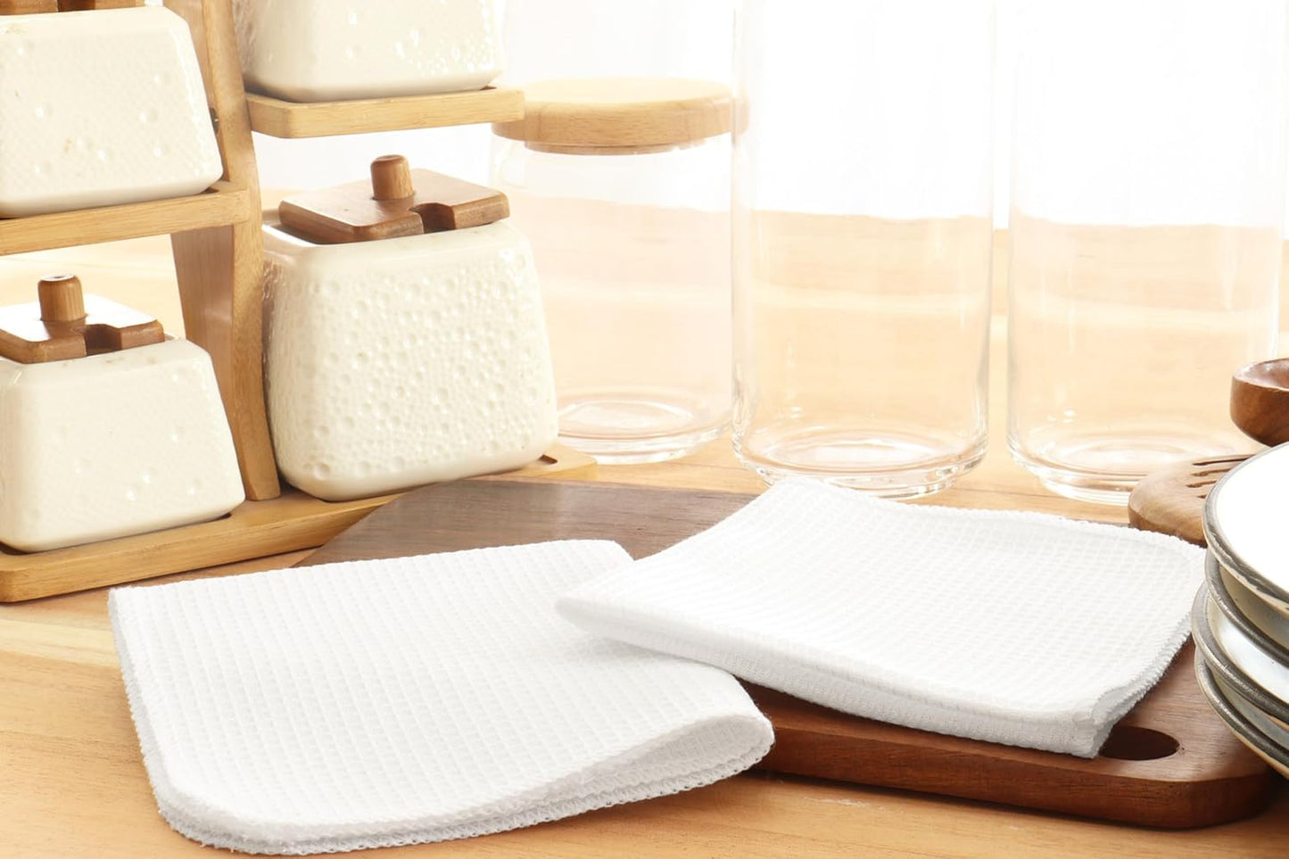 PurpleEssences Dish Cloths and Dish Rags - 8 Pack Waffle Weave Solid Kitchen Dish Wash Cloths, 100% Cotton, 12 x 12 Inches, Ultra Soft Absorbent Quick Drying - Spring Summer - White