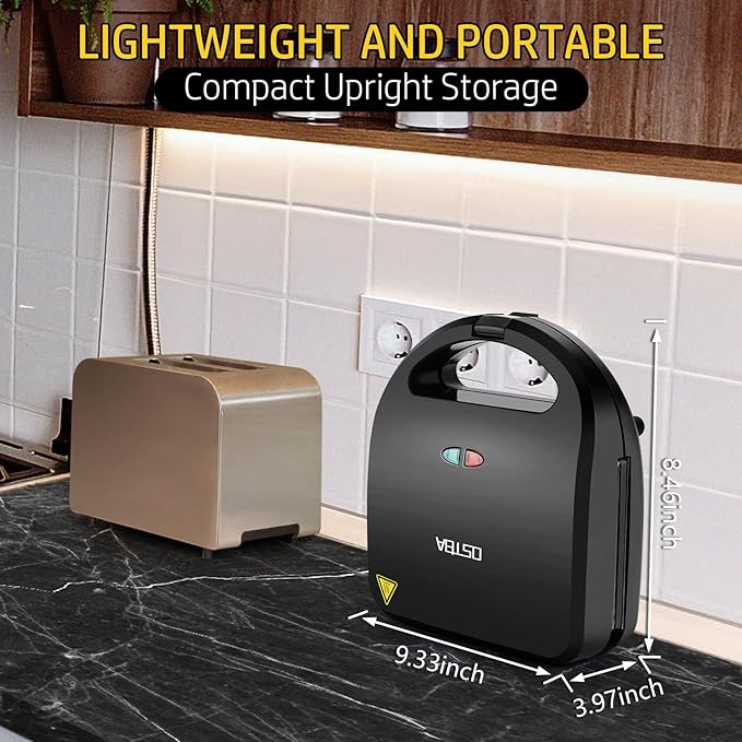 OSTBA 3-in-1 Sandwich Maker with Removable Plates, Panini Press, Waffle Maker, Toaster, Non-Stick, 750W Compact Breakfast Grill for Sandwiches, Waffles, Steak, Black