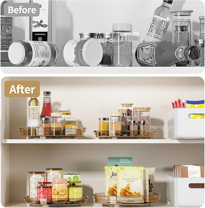 LAMU 2 Pack Lazy Susan Turntable Organizer for Cabinet, 10.6'' 9.25'' Condiment Organizer for Refrigerator, Kitchen Pantry, Medicine Cabinet Organizer, Spices Rack Organization, Bathroom, Amber