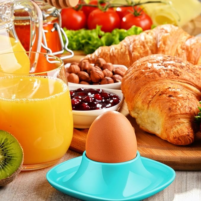 Flexzion Egg Cups for Soft Boiled Eggs - Set of 6 Ceramic Egg Holder - Stackable Egg Coddler Cups with Base for Serving, Breakfast, Brunch - Kitchen Table Decor, Blue