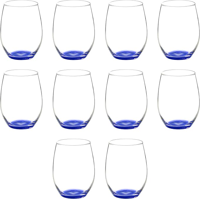 DISCOUNT PROMOS 10 ARC Stemless Wine Glasses Set, 21 oz. - Chardonnay, Cabernet, Merlot, Sauvignon - Blue