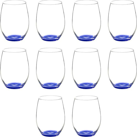 DISCOUNT PROMOS 10 ARC Stemless Wine Glasses Set, 21 oz. - Chardonnay, Cabernet, Merlot, Sauvignon - Blue