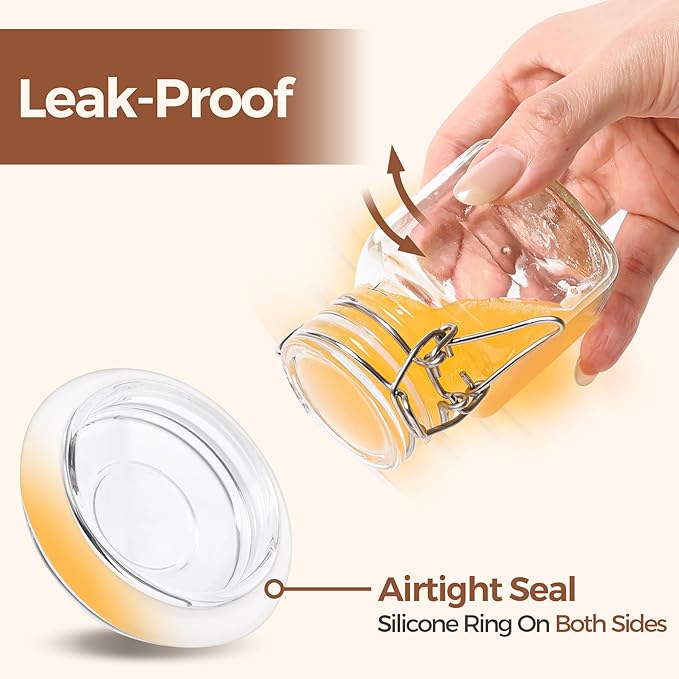 ComSaf 4 oz Glass Jars with Lid, Set of 12 Mini Airtight Glass Jars, Spice Jars, Small Mason Jar, Canning Jar Square with Seal Wire Clip Fastening, Labels & Funnels for Jam, Honey, Kitchen, Wedding