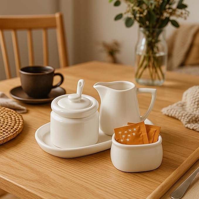 ZENFUN Set of 4 Porcelain Creamer and Sugar Set with Saucer, Sugar Bowl with Lid and Spoon, Cream Pitcher, Sweetener Holder, Coffee Serving Set for Kitchen Home Cafe Party, Restaurant, White