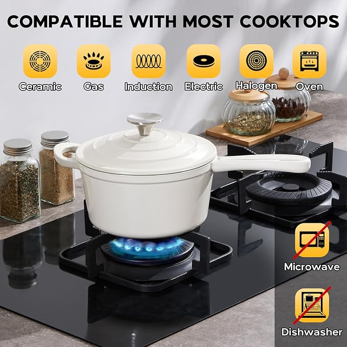 1QT Sauce Pan, Onader Enameled Cast Iron Saucepan Dutch Oven Pot with Lid, Small Cooking Sauce Pot, Nonstick & Oven Safe – White