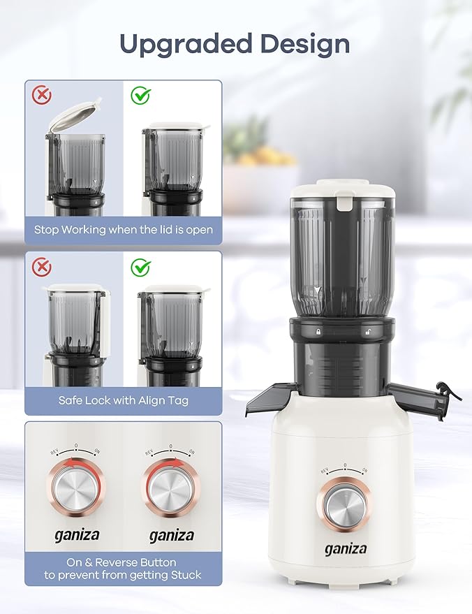 Ganiza Juicer Machines, Cold Press Juicer with 4.3" Large Feed Chute for Whole Fruits & Vegetables, Slow Masticating juicers with 3 Replace Filters for Batch Juicing, Easy to Clean, BPA Free (White)
