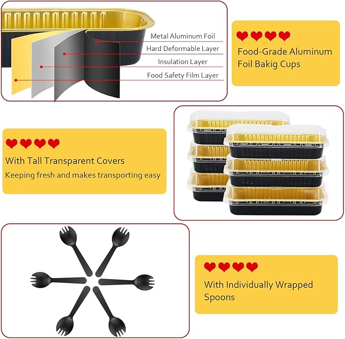 LNYZQUS Mini Loaf Pans with Lids 100 Pack, 6.8oz Aluminum Foil Mini Cake Baking Pans Cupcake Tins Containers,Disposable Ramekins Bread Baking Cups Muffin Tins Holders-Black