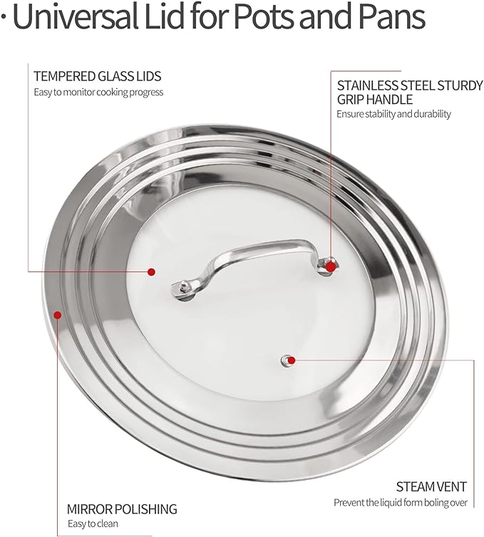 Stainless Steel Universal Lid for Pots, Pans and Skillets-Fits 7" to 12" Replacement Frying Pan Cover and Cast Iron Skillet Lid