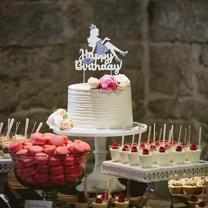 LINGTEER Happy Birthday Crown Queen Lady Rhinestone Cake Topper - Cheers to Makeup Spa Birthday Party Cake Centerpieces Decorations Gift Sign - Blue.