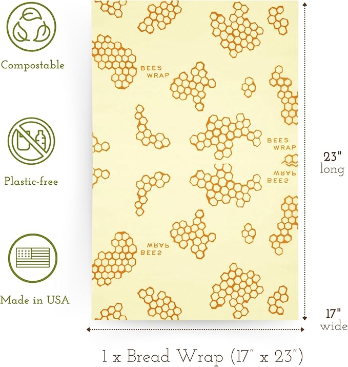 Bee's Wrap Beeswax Wraps for Food - Honeycomb Bread Wrap - Made in USA Reusable Bread Storage Bags - Organic & Eco-Friendly Alternative to Aluminum Foil, Sourdough Bags & Plastic Wrap