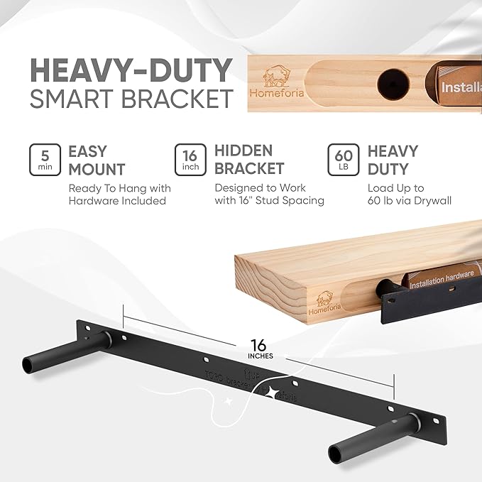 Homeforia Black Floating Shelves 30 inches Long, High End Solid Real Wood 30 inch Floating Shelf for Wall Mounted, Black Wooden 30in Floating Shelves, Heavy Duty Bracket, 30 X 6.5 X 1.75 in, Set of 2