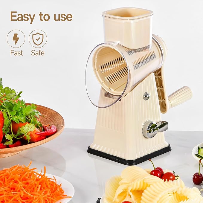 Xilrvna Rotary Cheese Grater, Vegetable Shredder 5 in 1 Cheese Grater with Handle edder Reinforced Suction,Easy to Clean,Kitchen Chopper for Crushed Ice,Fruits and Nuts with Blade Storage Case（white）
