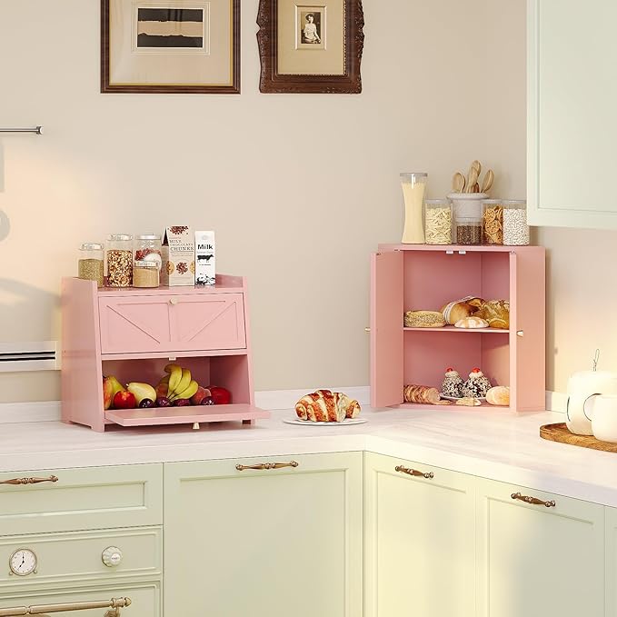 Vintage Double Layer Bread Box for Kitchen Counter Bamboo Bread Storage Container Large Capacity Bread Storage Bin (Pink)