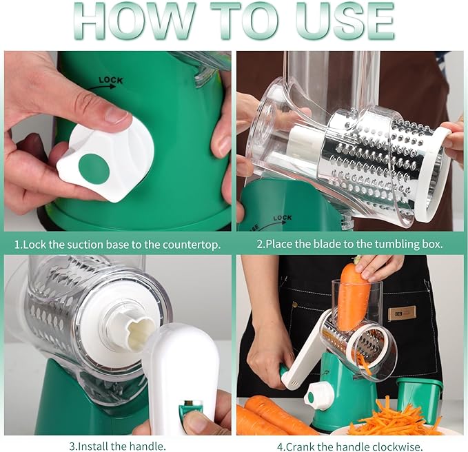 Cambom Rotary Cheese Grater Hand Crank Cheese Shredder for Fresh Cheese, Vegetable, Nuts,Non-slip Suction Base, Free Cleaning Brush Three Blades, Deep Green