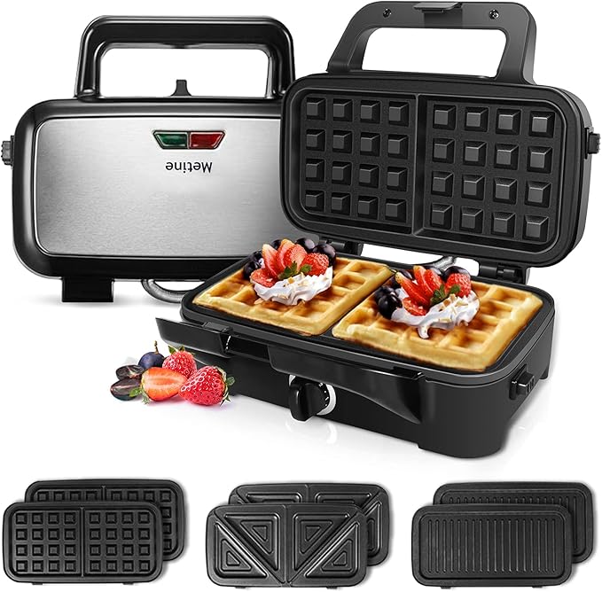 Waffle Makers, 3-in-1 Waffle Iron Panini Press Sandwich Maker with Removable Plates, 5-gears Temperature Control Non Stick Coating Cool Touch Handle Anti-skid Feet for Breakfast 1200W 120V