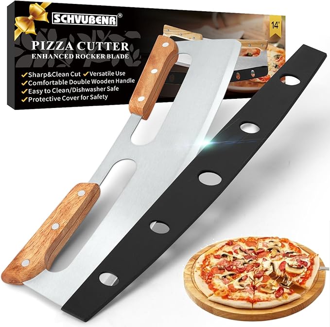 SCHVUBENR 14'' Pizza Cutter Rocker with Large Cover - Sharp Stainless Steel Pizza Slicer with Wooden Handles - Large Pizza Knife Cutter Wheel - Easy to Use & Clean - Slice Pizza with Ease