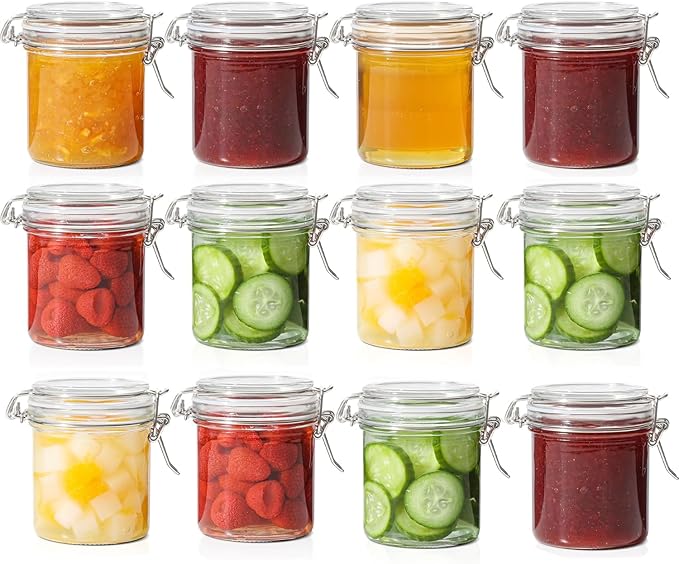 ComSaf 8oz Small Airtight Glass Jars Set of 12 with Lid Food Storage Jar Round, Mini Storage Container with Clear Preserving Seal Wire Clip Fastening for Kitchen Canning, Jam, Spice, Honey, Mason Jars