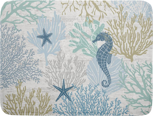 Blue Coral Dish Drying Mat Coastal Starfish Dishes Pad Hanging Drainer Mats Reversible Absorbent Kitchen Counter Protector 18x24 Inch