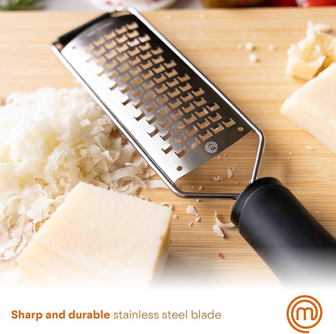 MasterChef Cheese Grater Handheld, Kitchen Food Shredder Tool for Grating Parmesan, Garlic, Ginger etc, Small Flat Zester Grater, Stainless Steel with Non Slip Rubber Foot and Easy Grip Handle