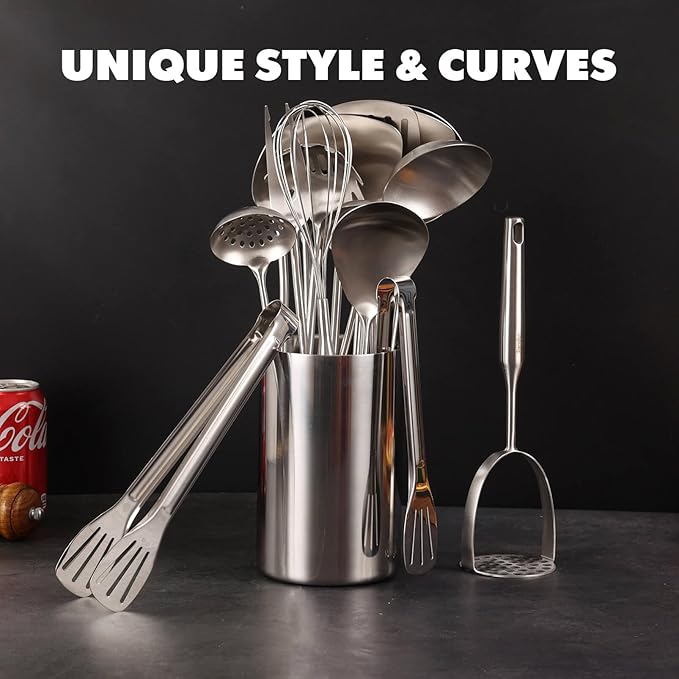 18/10 Stainless Steel Cooking Utensils Set - 16 PCS All Metal Kitchen Tools, Serving Utensils - Whisk, Masher, Fork, Tongs, Solid/Slotted Spoon, Spatula, Turner, Ladle, Skimmer, Pasta, Large Spoon Set