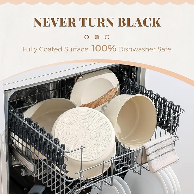 Ceramic Pots and Pans Set with Detachable Handle, Non-toxic Nonstick 8pcs Cookware Set with Die-cast Lids, Dishwasher & Oven Safe, PTFE PFOA PFAS Free, Perfect for College Dorm, Cream White