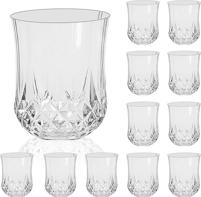 12 PCS Transparent Stemless Wine Glasses，Plastic Reusable Cups 9OZ Vintage Drinking Glasses Tumblers for Whisky, Beer, Juice, Beverages, Cocktai