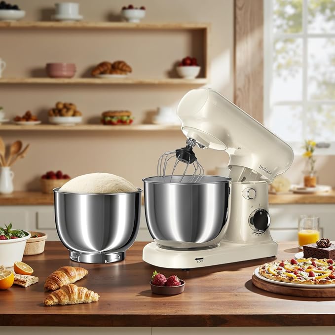 Stand Mixer with 3QT+3.5QT Dual Bowls, 10-Speed Electric 300W Food Mixer - Includes Egg Whisk, Dough Hook & Flat Beater for Home Baking & Daily Cooking (White)