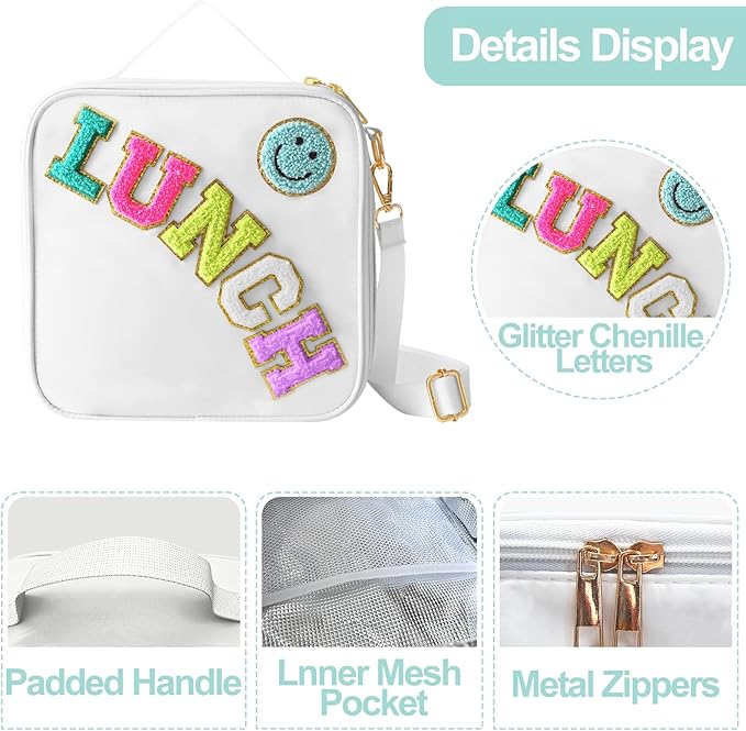 Insulated Lunch Bag With Adjustable Shoulder Strap, Nylon Preppy Lunch Box Large Insulated Lunch Bag Reusable Lunch Tote Bag with Smiley Preppy LunchBag for Girls School Travel Picnic (White)