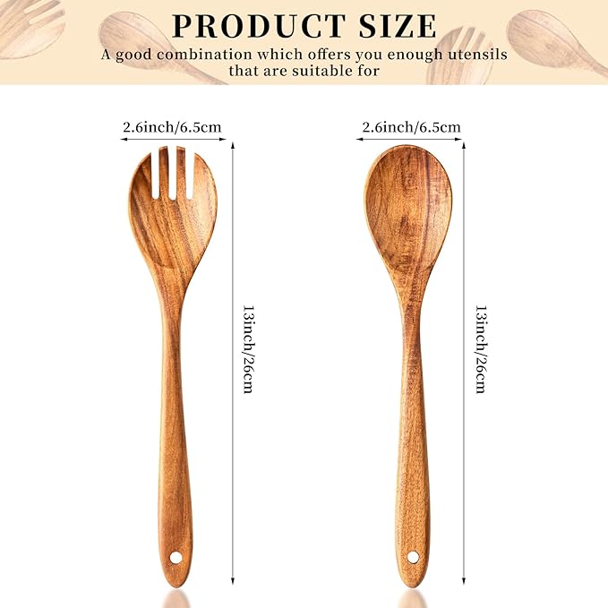 Gudamaye Acacia Wooden Salad Server Set,13 inch Salad Tongs for Serving including Salad Mixing Dinner Fork and Spoon,Long Handle Salad Server Set