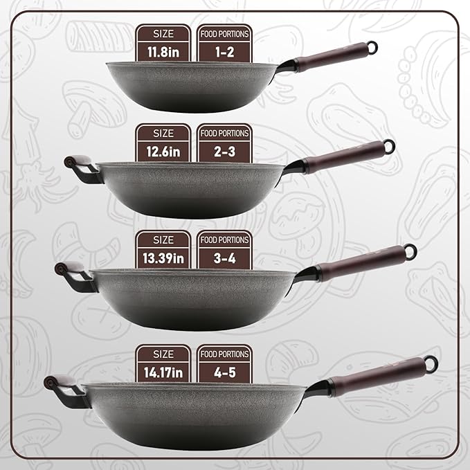 HONGJIANG Cast Iron Wok Pan, 13.4" Pre-Seasoned Flat Bottom Wok,Coating-Free Wok Stir Fry Pan With Glass Lid,Compatible Traditional Chinese Wok For Induction, Electric, Gas,Open Fire