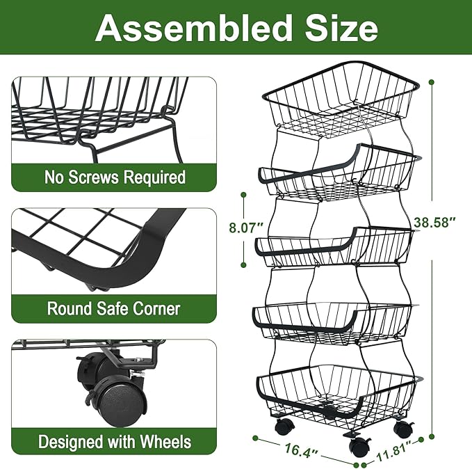 Fruit Vegetable Storage Basket, Kitchen Fruit Vegetable Storage Cart, 5 Tier Stackable Metal Wire Storage Baskets with Wheels, Produce Basket Organizer Bins for Pantry, Bathroom, Black
