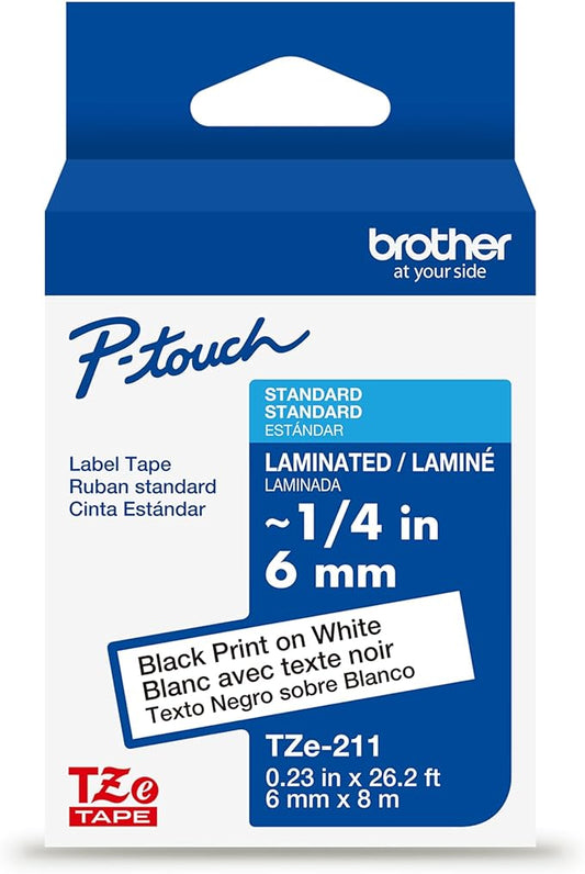 Brother Genuine TZe211~1/4" Black Print on White Label Tape. Each: 0.23 in x 26.2 ft (6 mm x 8 m)