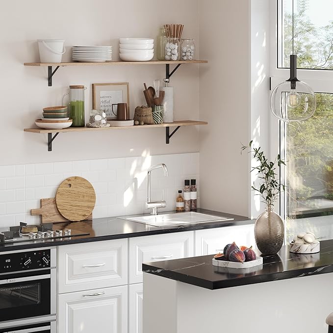 DINZI LVJ Long Wall Shelves, 47.3Inch Wall Mounted Shelves Set of 2, Extra Large Storage Ledges with Sturdy Metal Brackets for Living Room, Bathroom, Bedroom, Kitchen, Natural