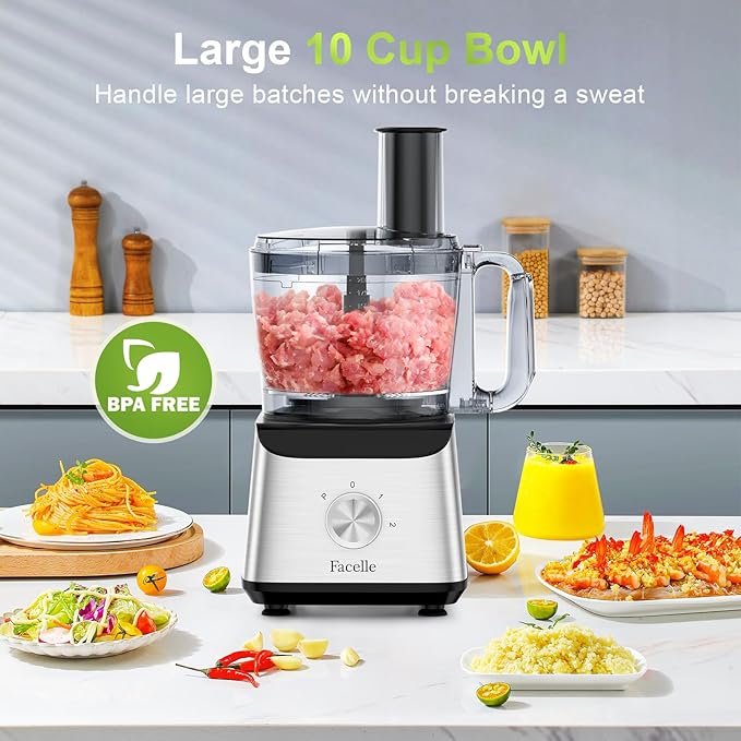 Facelle Electric Food Processor 10 Cup Large Bowl with 6.8oz Grinder, 600W Vegetable Chopper for Mincing, Dicing, Shredding, Puree & Kneading Dough, Great for Cheese Grater, Hummus, Meat and Salsa