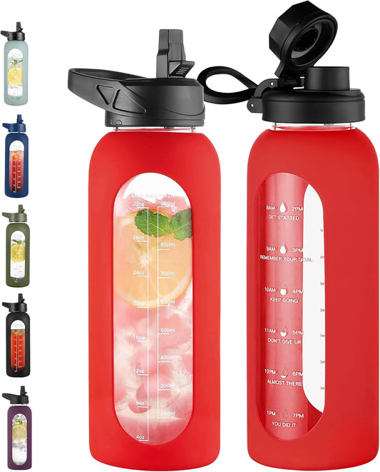 CIVAGO 40 oz Glass Water Bottle with Straw and Handle, Large Sports Motivational Water Bottle Flask with Time Marker and 2 Lids, Leakproof Water Jug Canteen with Silicone Sleeve for Gym,Red