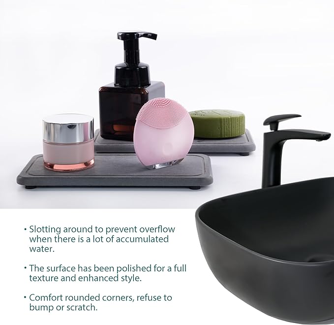 2 Pcs Water Absorbing Stone Trays, Kitchen/Bathroom Sink Soap Dish, Diatomite Tray Used for Hand Soap & Cosmetic Bottles in The Modern Home, 4" W x 8.3" L, Dark Gray