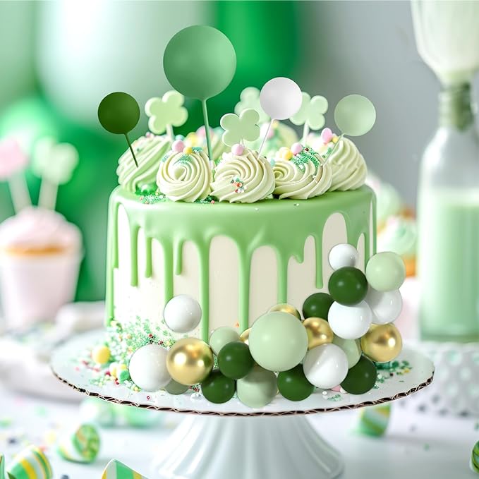 48 Pcs Cake Topper Decorations - Balloon Cupcake Toppers, Foam Balls for Birthday Party Wedding Cake Decorating (Green, Light Green, White, Gold)