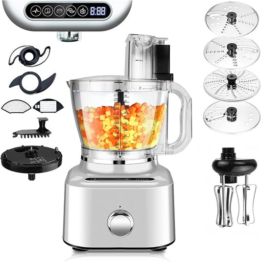 Homtone 16 Cup Food Processor Large, Aluminum-Diecast 11-In-1Food Processor with Whisk, 5 Preset Modes& Stepless Speed Control, 8 Blades for Shred, Slice, Chop, Knead, Dice, Fries Cut, 650W, Sliver