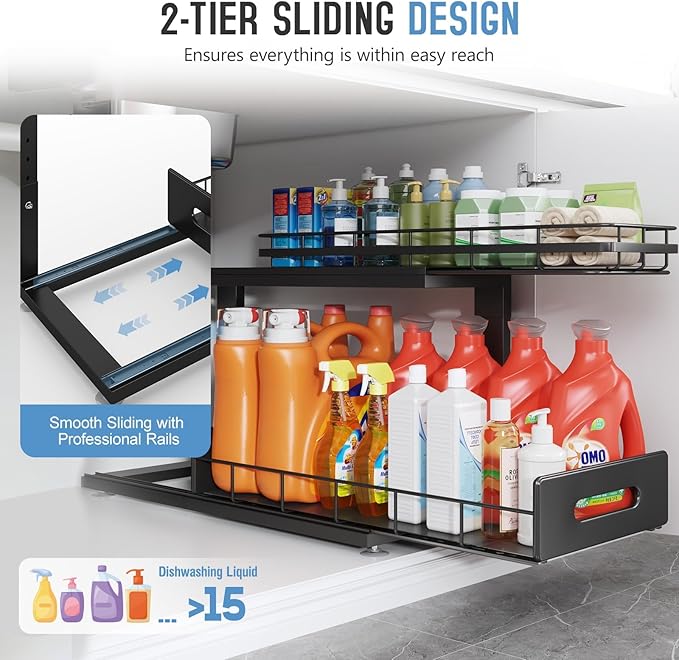 2 Pack 21 IN Depth Pull Out Cabinet Storage With Smooth Rails,2-Tier Dual Pull Out Cabinet Storage For Bathroom Kitchen,Under Sink Shelf-Black