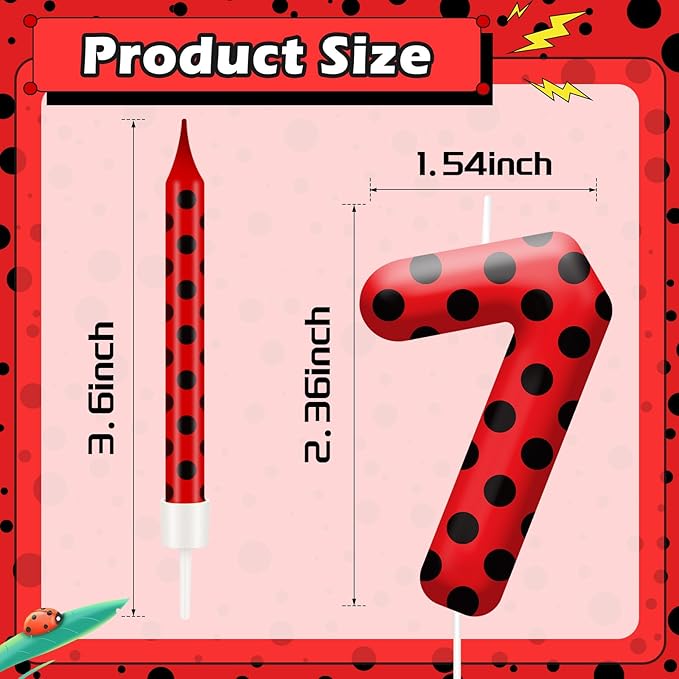 13PCS Ladybug Theme Birthday Candles Set - Red & Black Polka Dot Decorative Candles for Kids Ladybug Themed Parties, Baby Showers, Birthday Cakes, and Ladybird Inspired Celebrations(Number 7)