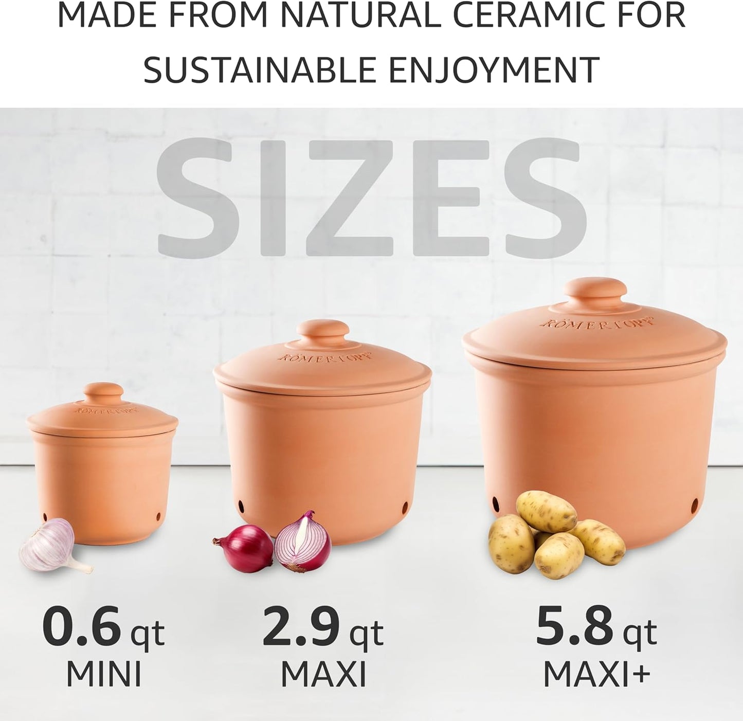 Romertopf Freshness Storage Potato Onion Garlic Clay Pot Set of 3 with Lids - Terracotta