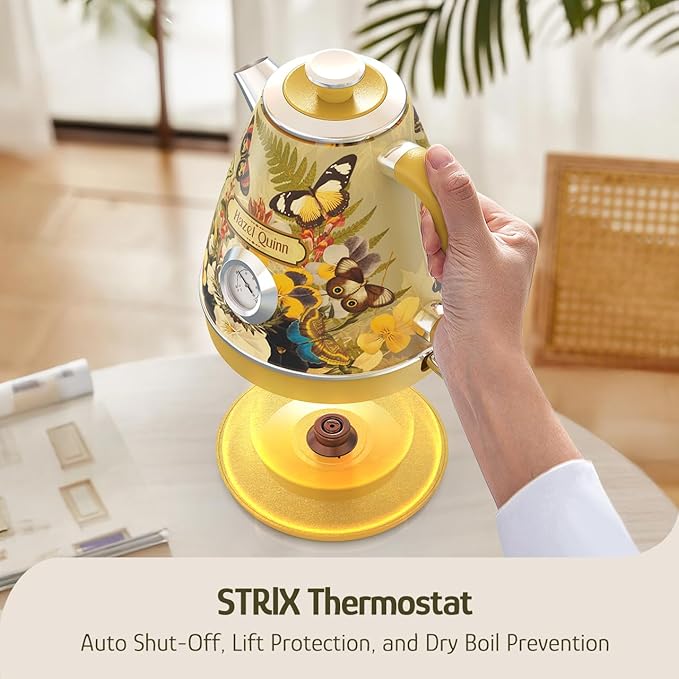 Hazel Quinn X Eduardo Recife Electric Kettle - 1200W Fast Water Boiling, 1.7L/57oz, All 304 Stainless Steel Interior, BPA-Free, Auto Shut-Off, Cordless Retro Teapot with Thermometer - Floral Patterned