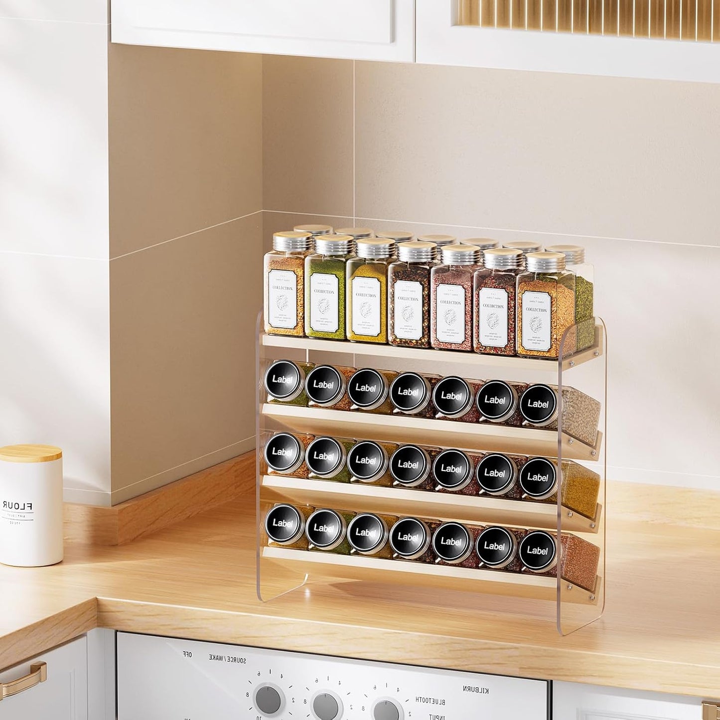 MUDEELA Clear Spice Rack Organizer for Cabinet, 4 Tiered Vertical Spice Shelf, Wooden Seasoning Organizer for Countertop, Kitchen, Pantry, Freestanding, 13.3" W × 11.2" H (No Jars Included)