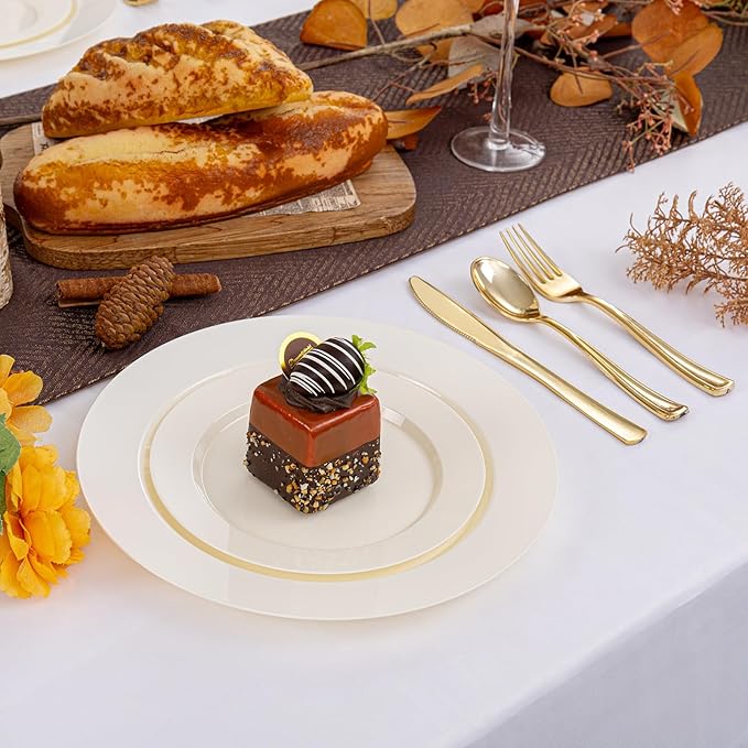 I00000 102 Pcs Ivory Plastic Plates, Disposable Party Plates Include 51 Ivory Dinner Plate 10’’ and 51 Plastic Dessert Plate 7’’ Perfect for Birthday, Party & Wedding