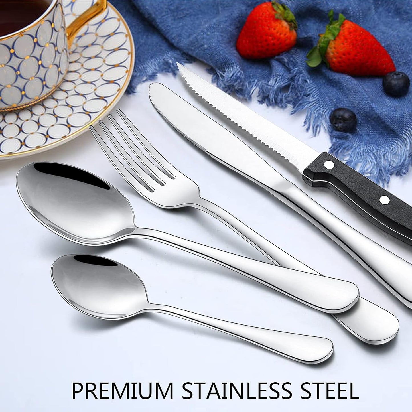 Wildone 48-Piece Flatware Set with Steak Knives, Stainless Steel Silverware Cutlery Set Service for 8, Tableware Eating Utensils Include Knives/Forks/Spoons, Mirror Polished, Dishwasher Safe