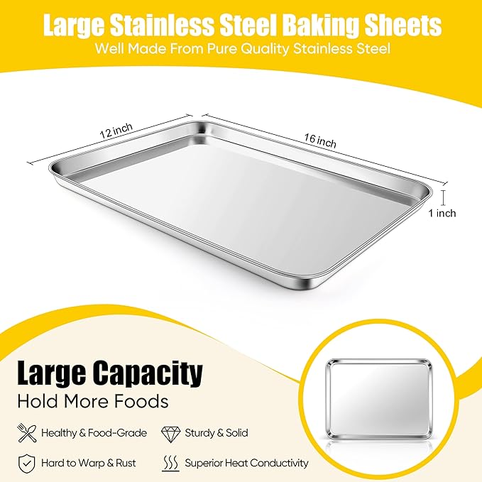 Homikit 1 Pack Baking Sheet Pan, 16” x 12” Stainless Steel Cookie Pan Tray Set for Oven, Metal Jelly Roll Pan for Baking Cooking Toasting, Rustproof & Non Stick, Mirror Finish & Dishwasher Safe