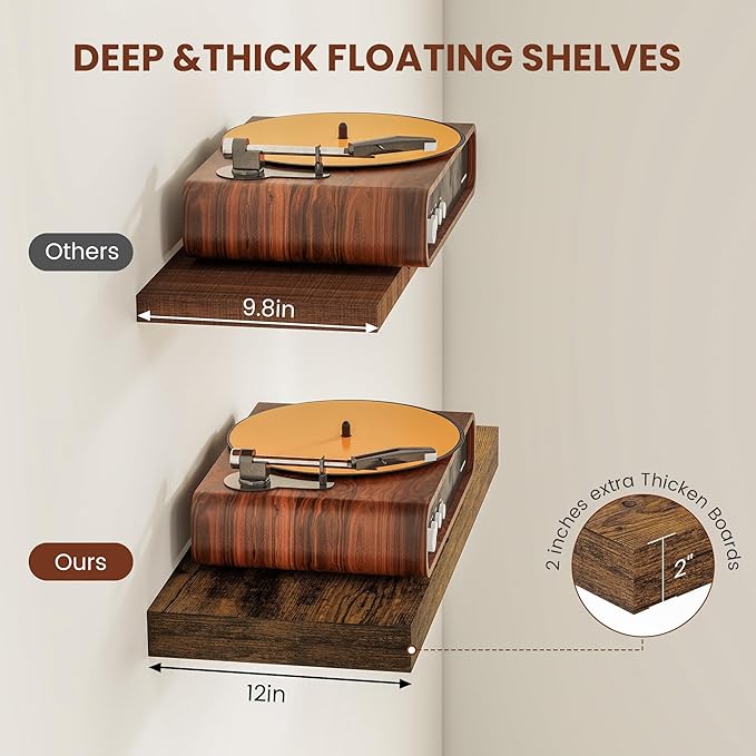 12" Deep Floating Shelves for Wall 48 Inches Long, Heavy Duty Wall Shelves for Bedroom Bathroom Kitchen Laundry Room, Farmhouse Rustic Shelves for Home Decor, 48" X 12" X 2" Set Of 2, Rustic Brown