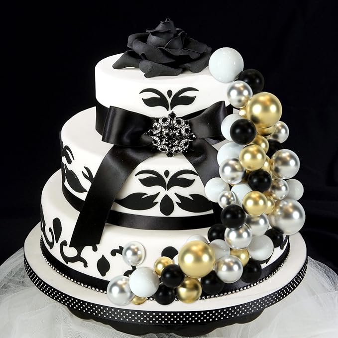 48 Pcs Balls Cake Topper Decorations Balloon Cupcake Toppers Foam Cake Topper Balls Cake Balls Decorations for Birthday Party Wedding Anniversary Cake Decorating (Black, Silver, White, Gold)