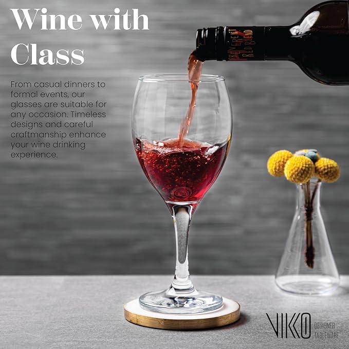Vikko Wine Glasses, 15 Ounce Stemmed Set of 6 for Red and White, Thick and Durable Clear Glass