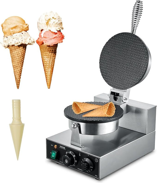 VEVOR Electric Ice Cream Cone Maker, Commercial 1230W Waffle Cone Machine, Non-Stick Stainless Steel Egg Roll Mold, with Temperature and Time Control, Handle, for Restaurant Bakery Snack Bar Family
